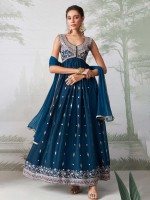 Teal Blue Rangoli Georgette Anarkali Salwar Kameez